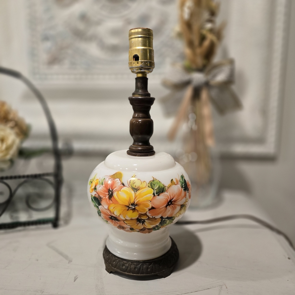 Vintage Accurate Casting Company Inc Milk Glass Floral Hurricane Lamp Works 13"